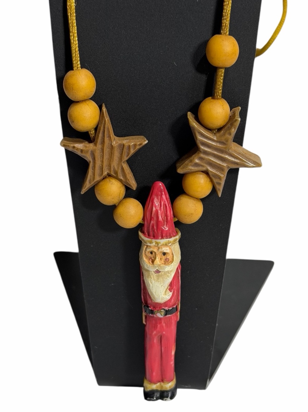 Folk Art Father Christmas Santa Claus & Stars Pendant Necklace Rustic Wood